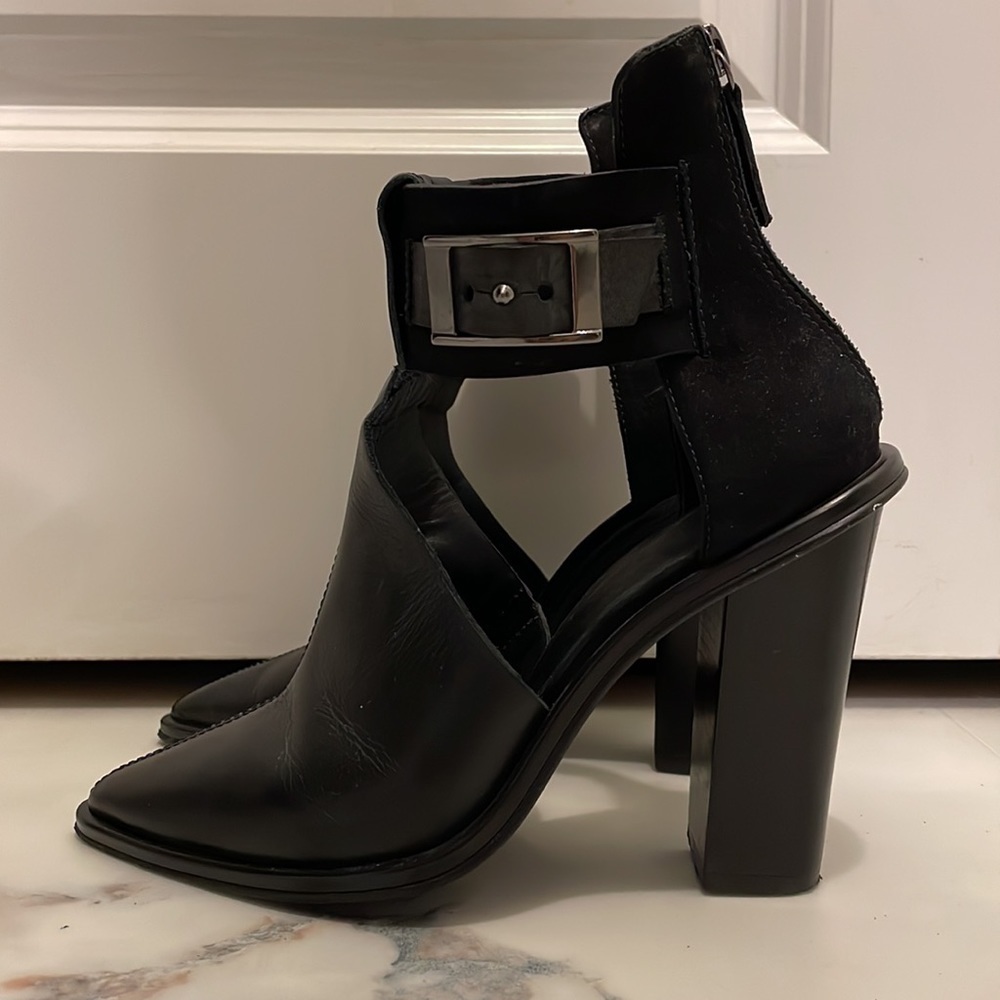Tibi Black Pointy Toe Heels with Side Cutouts and Buckled Ankle Strap